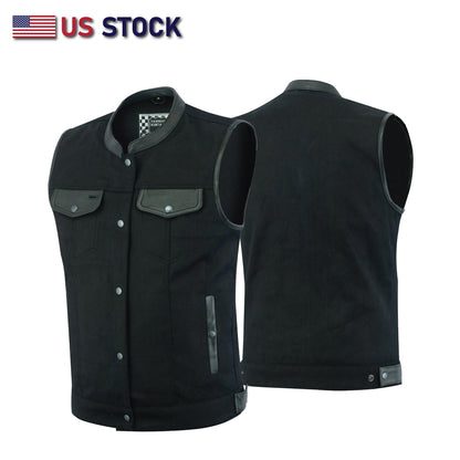 AMZO21689BLACK Biker Denim Club Style Anarchy BLACK Vest with Conceal Carry Pockets both sides