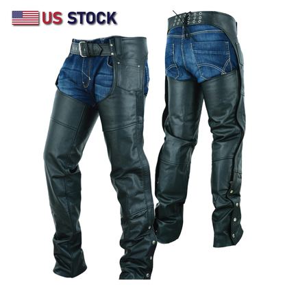 AMZO12800SPT Basic Classic BLACK Style Leather Motorcycle Chap for Motorcycle Riding Plain Easy Fit