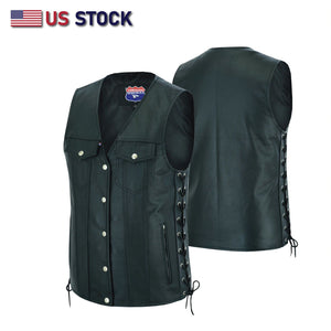 Men Side Lace Leather Style Biker Motorcycle Leather Vest Gun Pockets Carry Arms #11360SPT