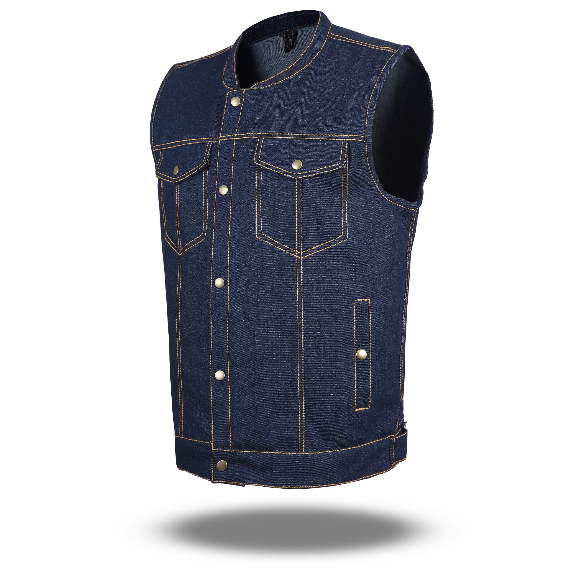 HLDM21687 BLUE MEN DENIM VEST CONTRAST THREAD M/O 100% COTTON - HighwayLeather