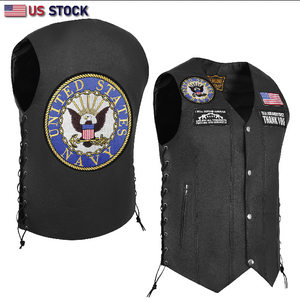 HL3540NAVY Black Men's Genuine Leather 10 Pockets Motorcycle Biker Vest ANARCHY Black SOA