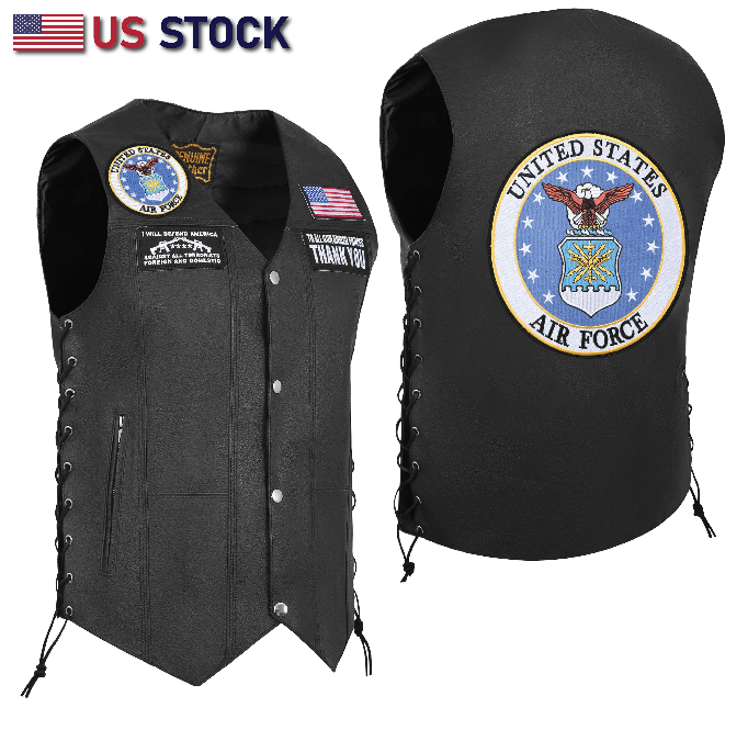 HL3540AIRFORCE Black Men's Genuine Leather 10 Pockets Motorcycle Biker Vest ANARCHY Black SOA