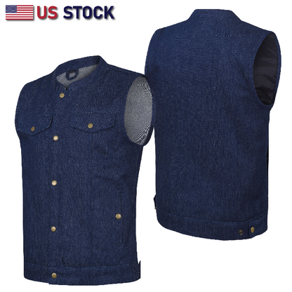 HL21688BLUE Men SOA Denim Blue Vest Club Cut Outlaw Anarchist Mc Biker Vest