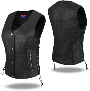 HL14856BRAIDED WOMEN BLACK VEST SIDE LACE M/O BUFFALO LEATHER