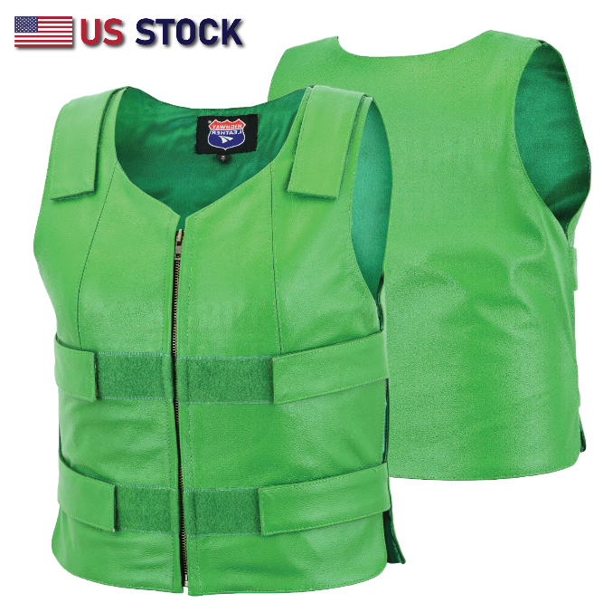 HL14945Green  WOMEN Bulletproof Style Leather vest designs for Bikers Clubs