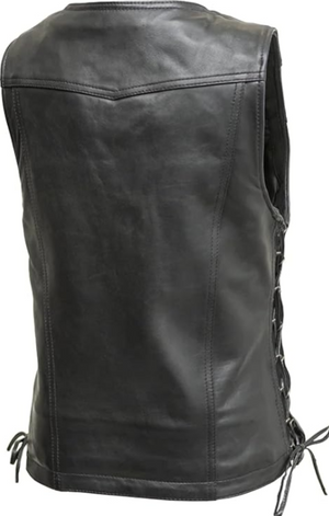 HL14576 - Women's Motorcycle Leather Vest Black Front Zipper side lace in Lamb