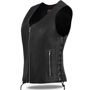 HL14855SPT Black Women's Side Lace Front Zipper leather motorcycle Vest