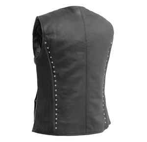 Studded HL14857Stud Black Women's Side stretch leather motorcycle vest