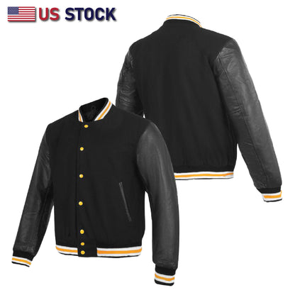 Leather Varsity Jacket Letterman Jacket Baseball Jacket Banded Collar 2803BLK/Yellow