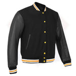 Leather Varsity Jacket Letterman Jacket Baseball Jacket Banded Collar 2803BLK/Yellow - HighwayLeather