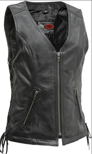 HL14576 - Women's Motorcycle Leather Vest Black Front Zipper side lace in Lamb