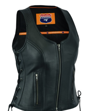 HL14531BLACK Women's Black ‘Open Neck’ Motorcycle Leather Vest with Side Laces