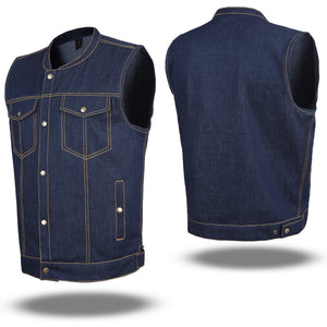 HLDM21687 BLUE MEN DENIM VEST CONTRAST THREAD M/O 100% COTTON - HighwayLeather