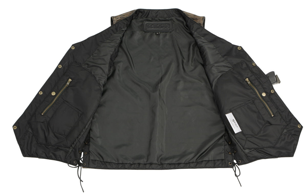 M Boss Motorcycle Apparel BOS13501 Men's Distressed Brown Leather 10 Pocket Motorcycle Vest w/ Quick Draw Pocket — image 5