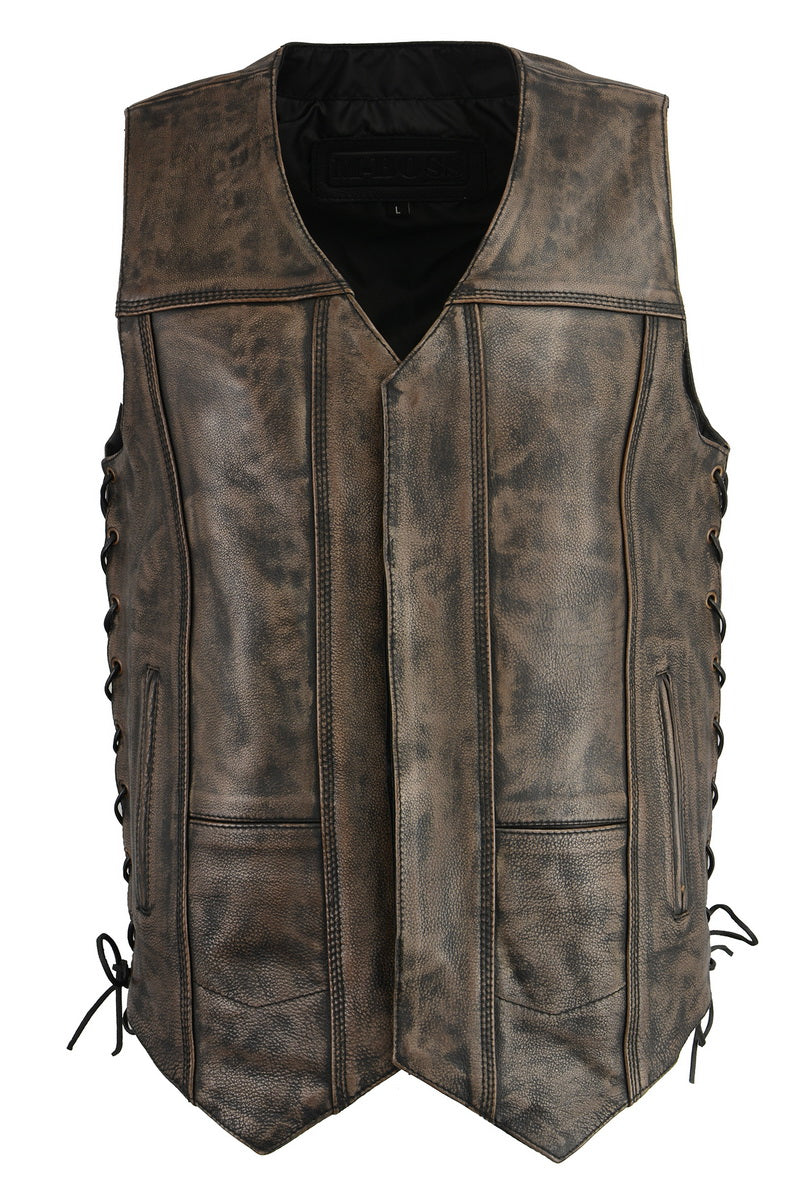 M Boss Motorcycle Apparel BOS13501 Men's Distressed Brown Leather 10 Pocket Motorcycle Vest w/ Quick Draw Pocket — image 1
