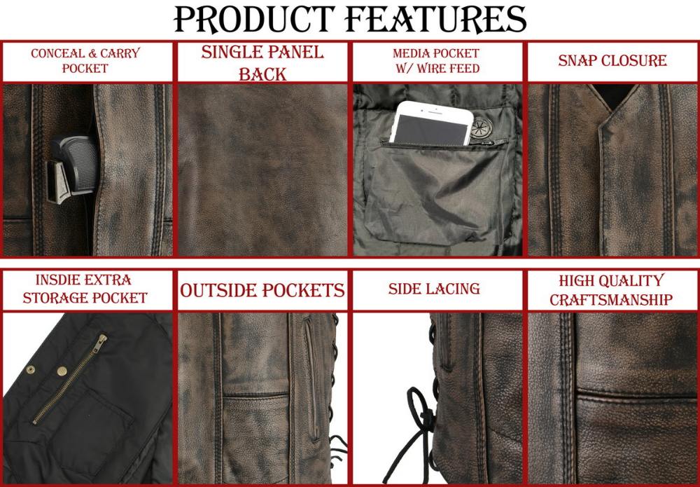 M Boss Motorcycle Apparel BOS13501 Men's Distressed Brown Leather 10 Pocket Motorcycle Vest w/ Quick Draw Pocket — image 3