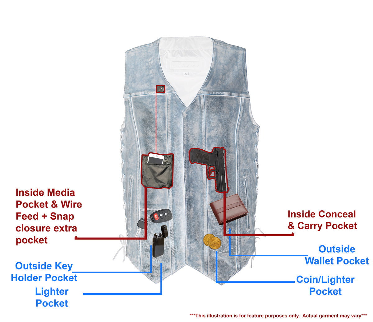 M Boss Motorcycle Apparel BOS13501 Men's Distressed Brown Leather 10 Pocket Motorcycle Vest w/ Quick Draw Pocket — image 2