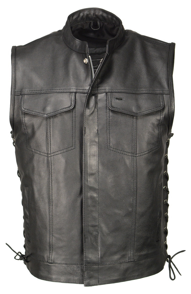 M Boss Motorcycle Apparel BOS13503 Men's Black Leather Side Lace Club Style Vest with Quick Draw Pocket — image 1