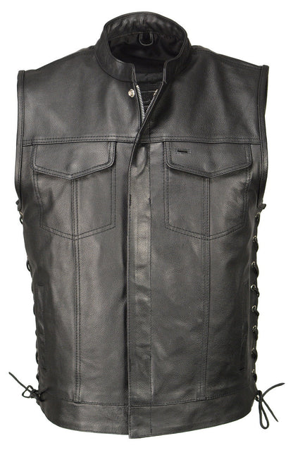 M Boss Motorcycle Apparel BOS13503 Men's Black Leather Side Lace Club Style Vest with Quick Draw Pocket — image 1