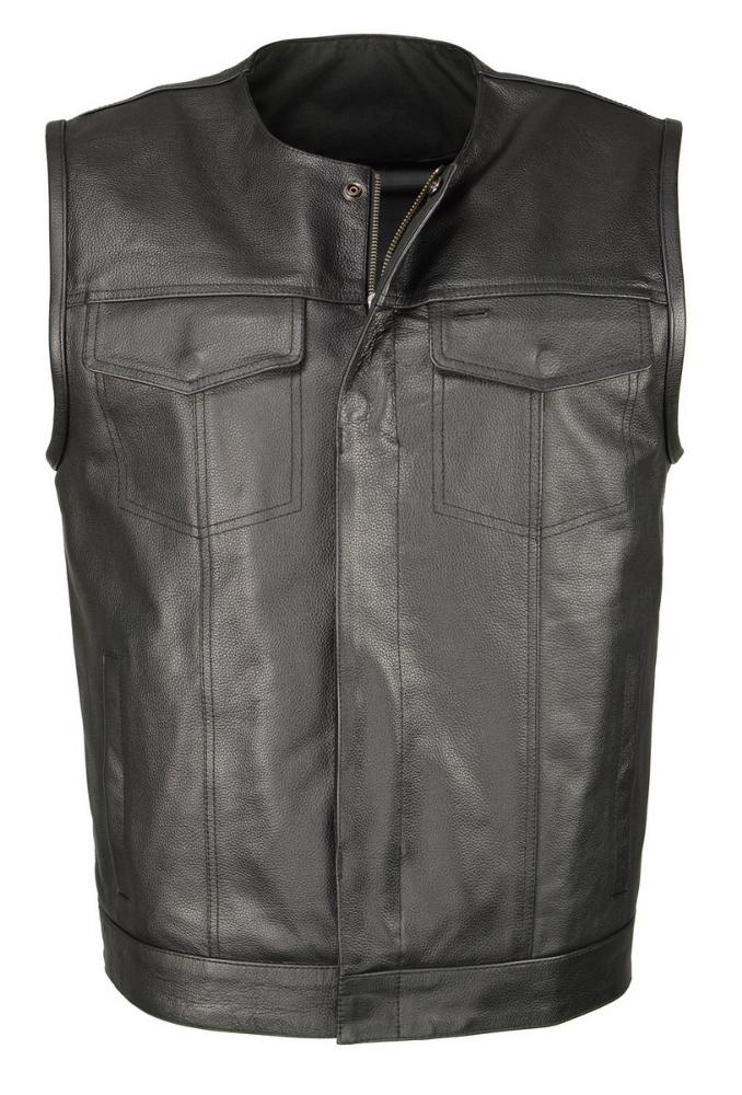 M Boss Motorcycle Apparel BOS13504 Men's Black Leather Collarless Club Style Vest with Quick Draw Pocket — image 1