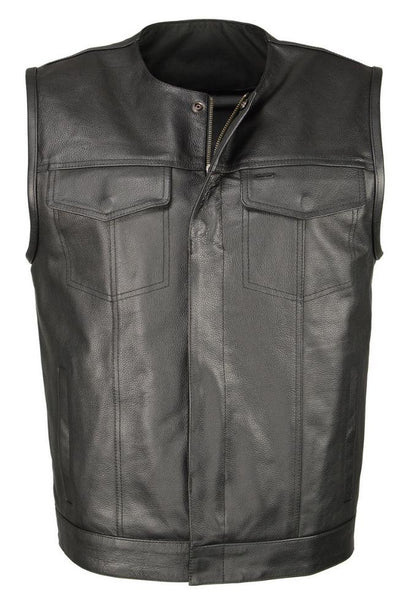 M Boss Motorcycle Apparel BOS13504 Men's Black Leather Collarless Club Style Vest with Quick Draw Pocket — image 1