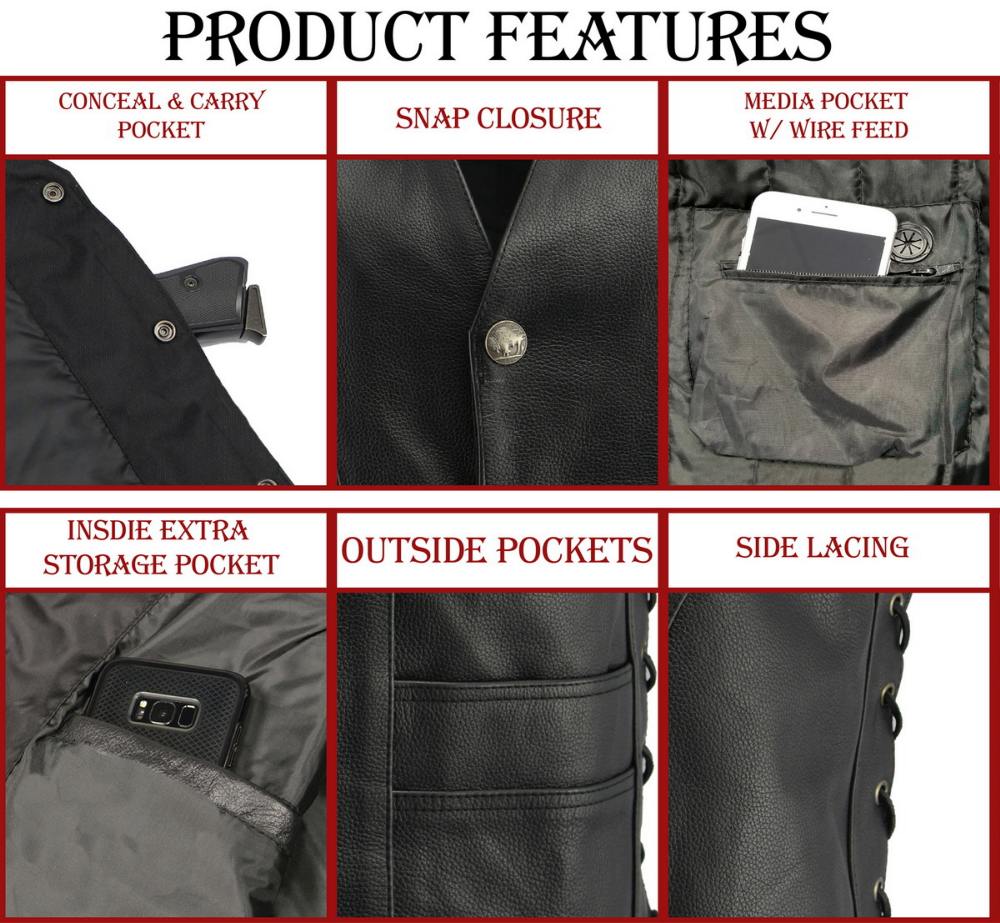 M Boss Motorcycle Apparel BOS13507 Men's Black Side Lace Leather Vest with Buffalo Nickel Snaps — image 3