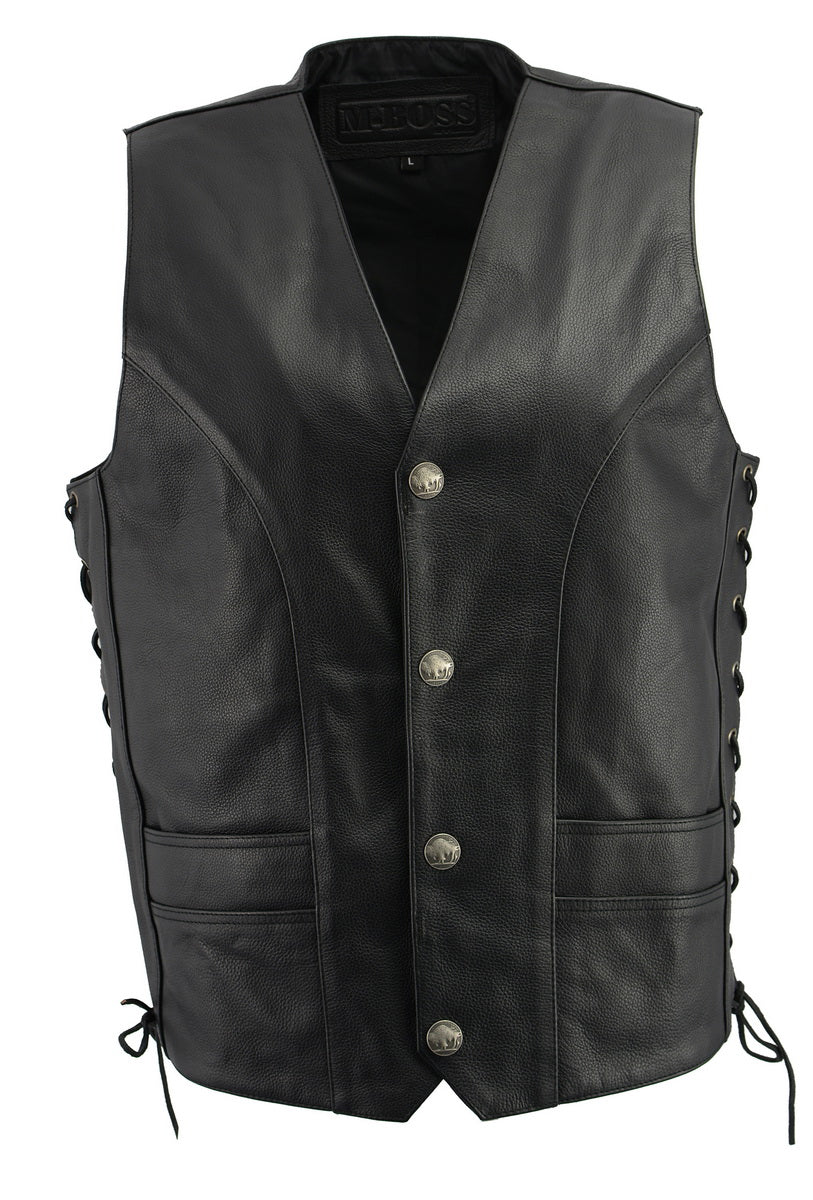 M Boss Motorcycle Apparel BOS13507 Men's Black Side Lace Leather Vest with Buffalo Nickel Snaps — image 1
