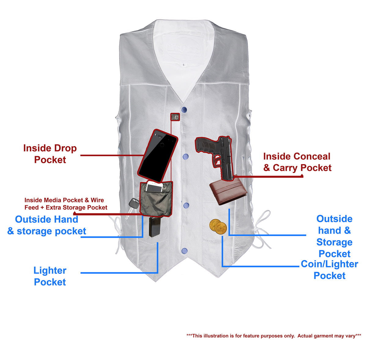 M Boss Motorcycle Apparel BOS13508 Men's Black Side Lace Leather Vest with Quick Draw Pocket — image 4