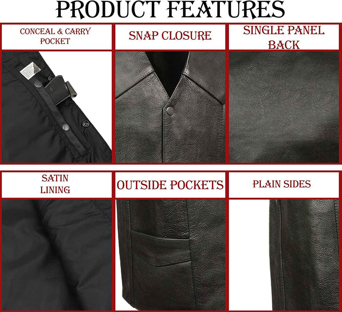 M-Boss Motorcycle Apparel BOS13514T Men’s Black Classic Western Style Conceal/Carry Biker Leather Vest in TALL SIZES — image 4
