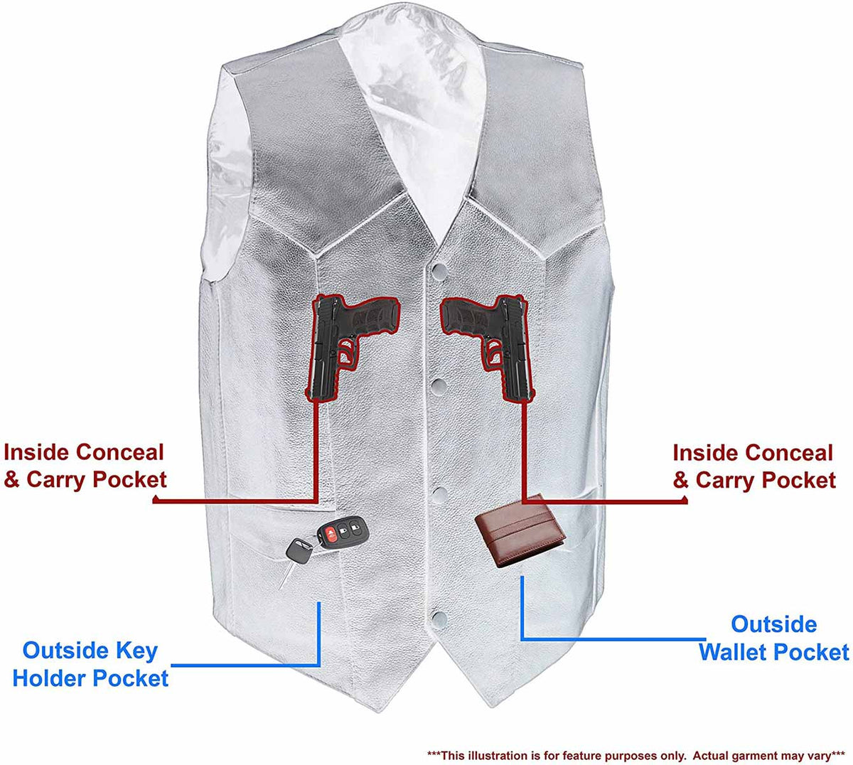 M-Boss Motorcycle Apparel BOS13514T Men’s Black Classic Western Style Conceal/Carry Biker Leather Vest in TALL SIZES — image 2