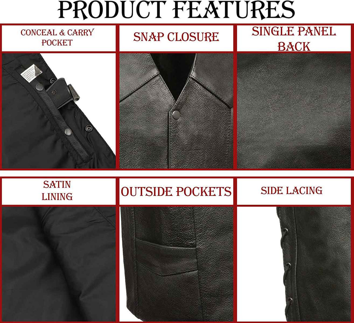M-Boss Motorcycle Apparel BOS13516T Men’s Black ‘Tall Size’ Conceal and Carry Classic Biker Leather Vest — image 4