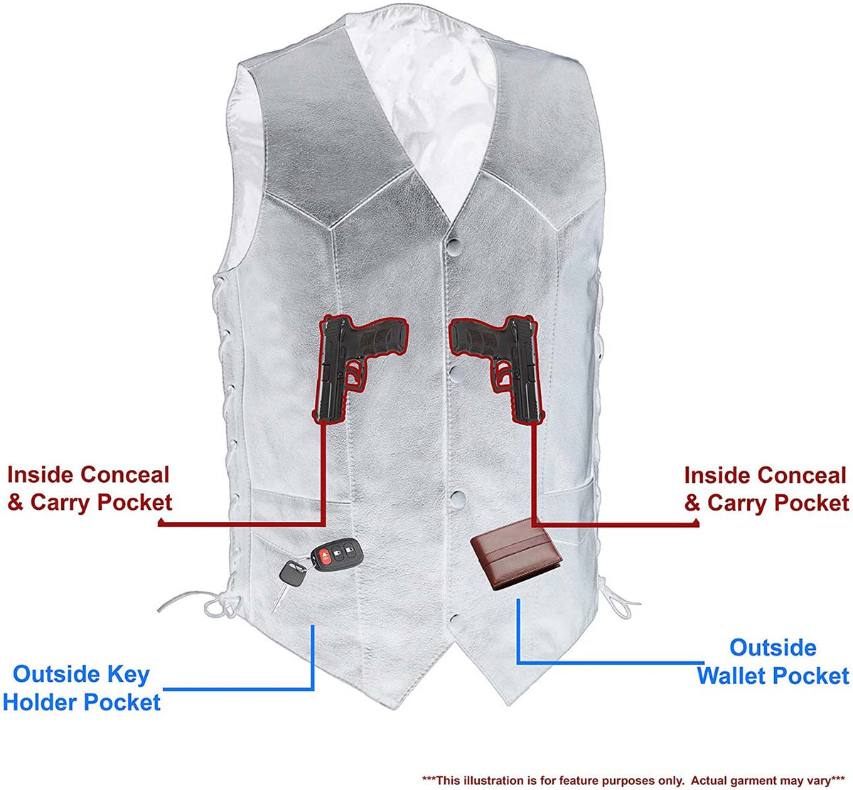 M-Boss Motorcycle Apparel BOS13516T Men’s Black ‘Tall Size’ Conceal and Carry Classic Biker Leather Vest — image 2