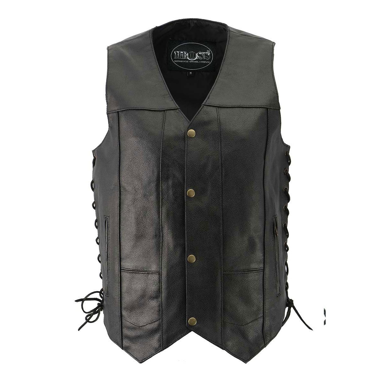 M-Boss Motorcycle Apparel BOS13517 Men’s Classic Black Leather 'Side Laced' Motorcycle Biker Rider Vest — image 1