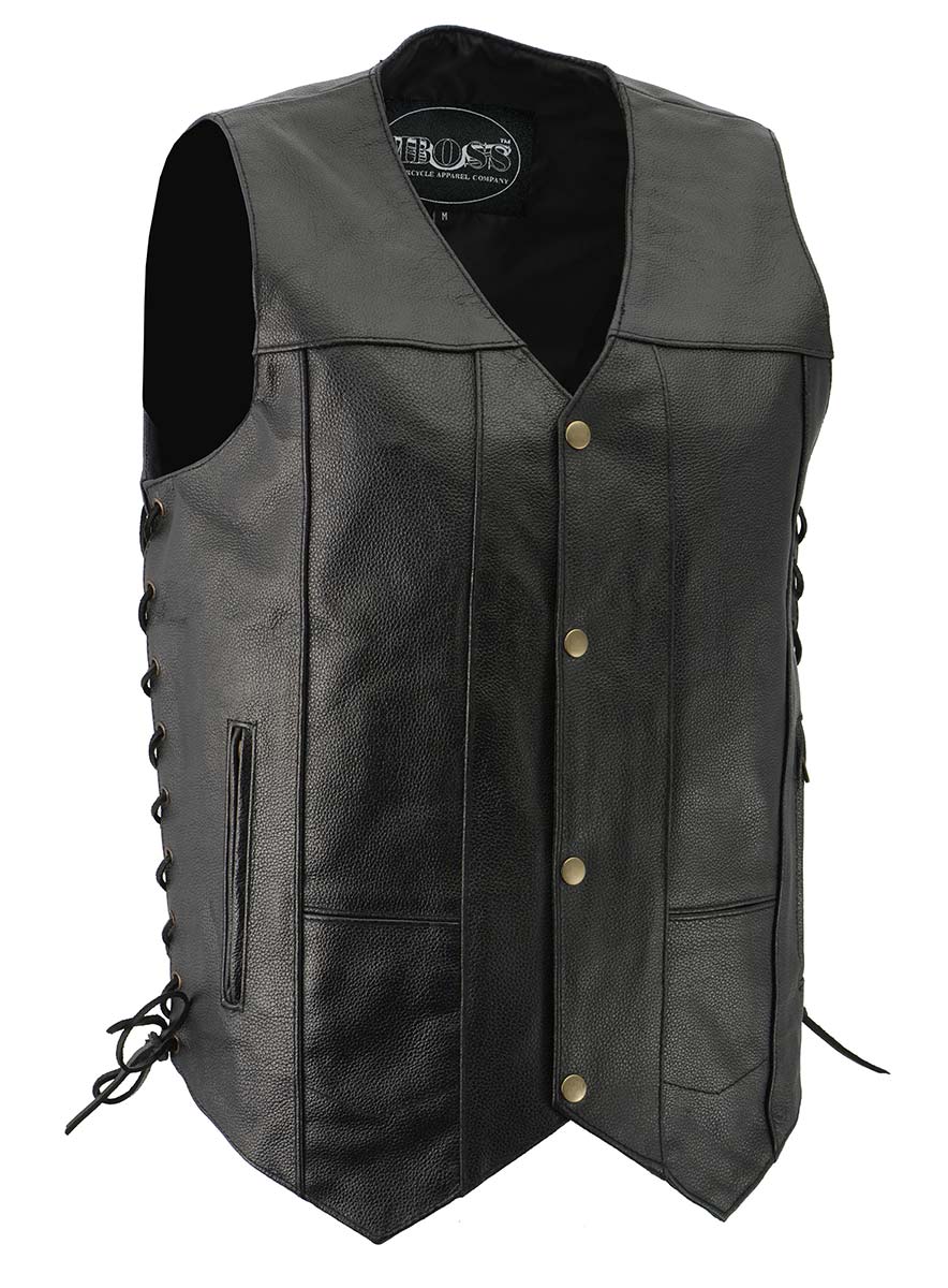 M-Boss Motorcycle Apparel BOS13517 Men’s Classic Black Leather 'Side Laced' Motorcycle Biker Rider Vest — image 4
