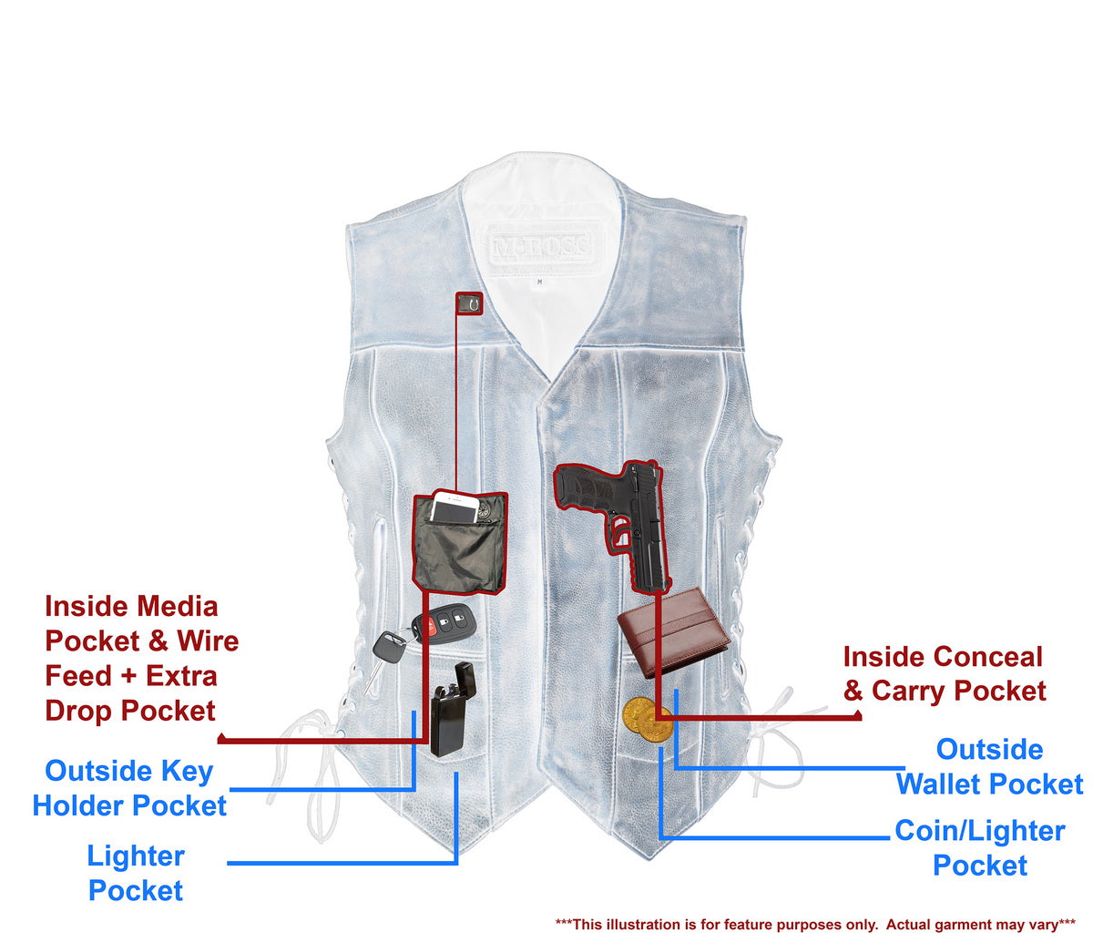 M Boss Motorcycle Apparel BOS24500 Women's Distressed Brown Leather 6 Pocket Motorcycle Biker Rider Vest - image 3