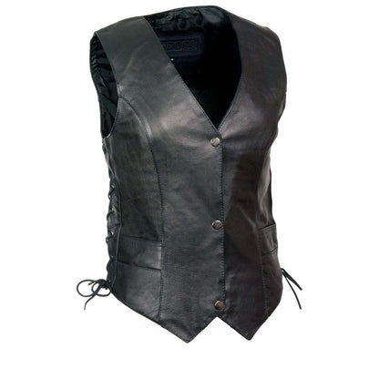 M Boss Motorcycle Apparel BOS24502 Women's Classic Black Leather Snap Front Motorcycle Vest with Side Laces - image 1