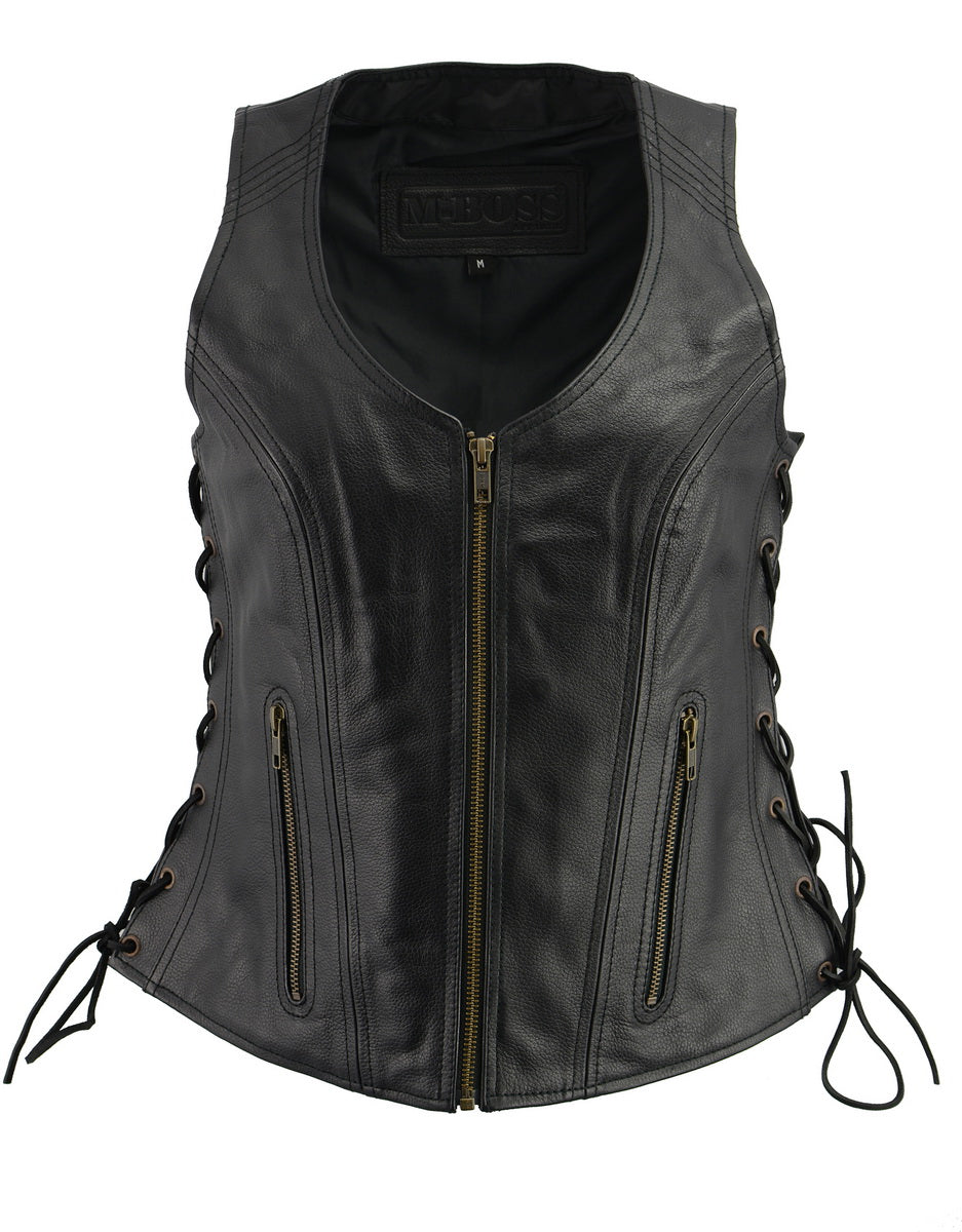 M Boss Motorcycle Apparel BOS24503 Women's Black Leather Motorcycle Biker Rider Vest with Side Laces - image 1