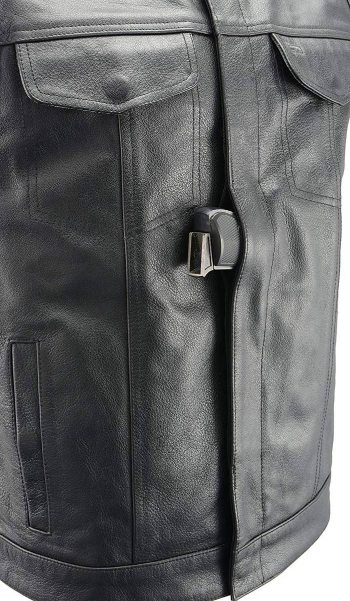 Men’s SOA Black Premium Buffalo Leather Club Style Motorcycle Rider Vest with Patch Access BZ6010 — image 6