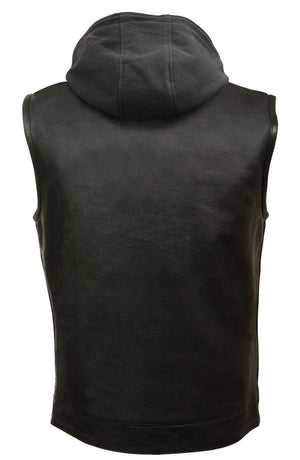 Men’s Premium Black Leather Club Style Motorcycle Riding Vest with Removable Bib Hoodie BZ6110 — image 2