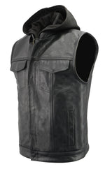 Men’s Premium Black Leather Club Style Motorcycle Riding Vest with Removable Bib Hoodie BZ6110 — image 1