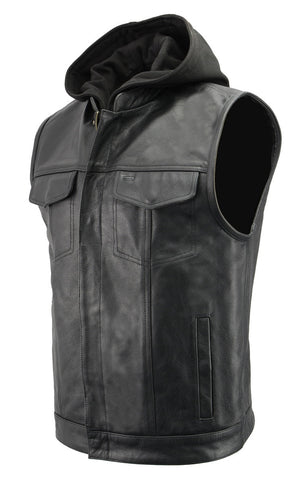 Men’s Premium Black Leather Club Style Motorcycle Riding Vest with Removable Bib Hoodie BZ6110 — image 1