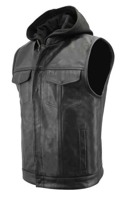 Men’s Premium Black Leather Club Style Motorcycle Riding Vest with Removable Bib Hoodie BZ6110 — image 1