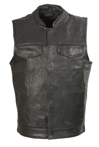 Club Vest CVM2036 Men’s Leather Black Open Collar Vest with Snap Buttons — image 1