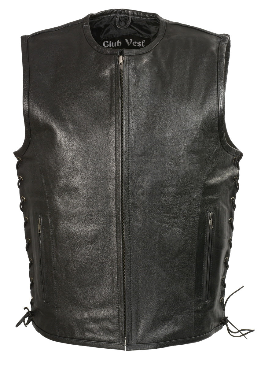 Club Vest CVM3741 Men’s Black Zipper Front Side Lace Leather Vest with Seamless Design — image 1