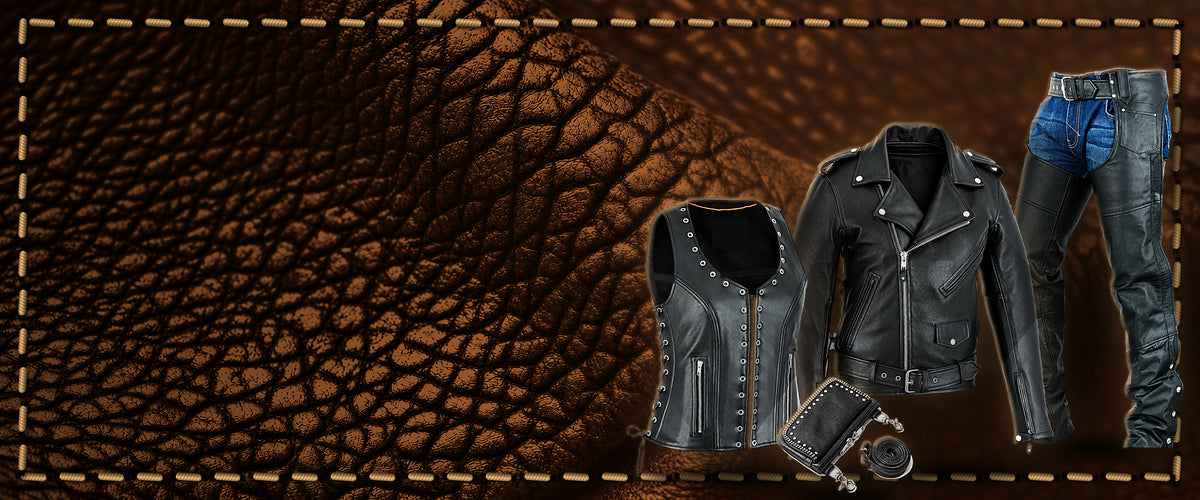 Dynamic Leather motorcycle jacket, women's vest, chaps and bag on stitched brown leather
