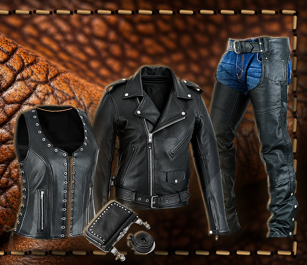 Dynamic Leather motorcycle jacket, women's vest, chaps and bag