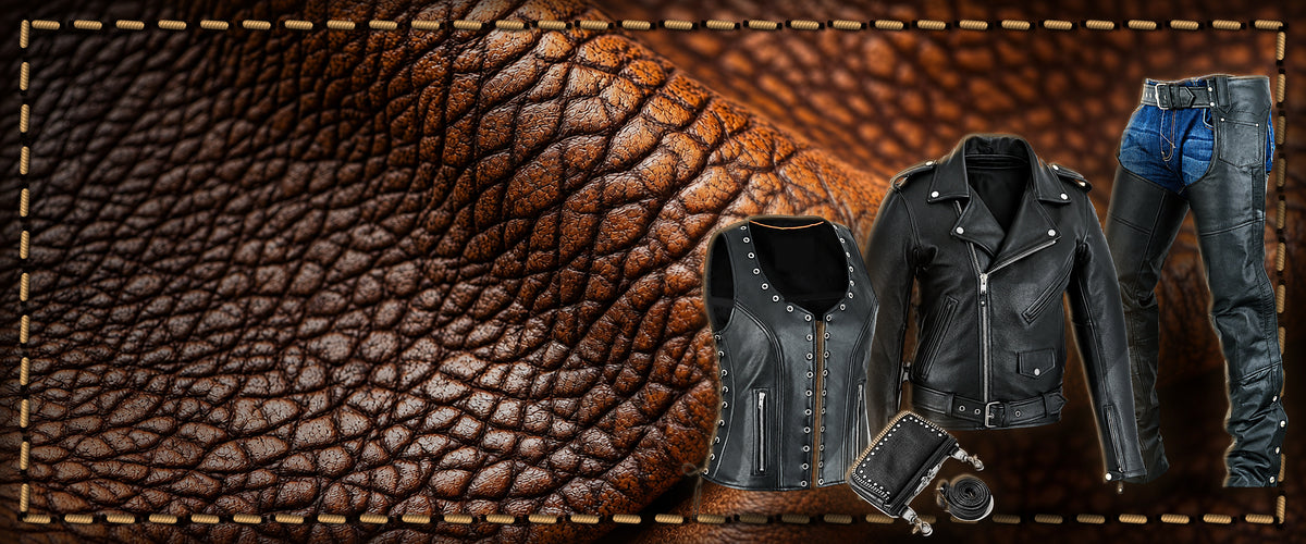 Dynamic Leather motorcycle jacket, women's vest, chaps and bag on genuine brown leather