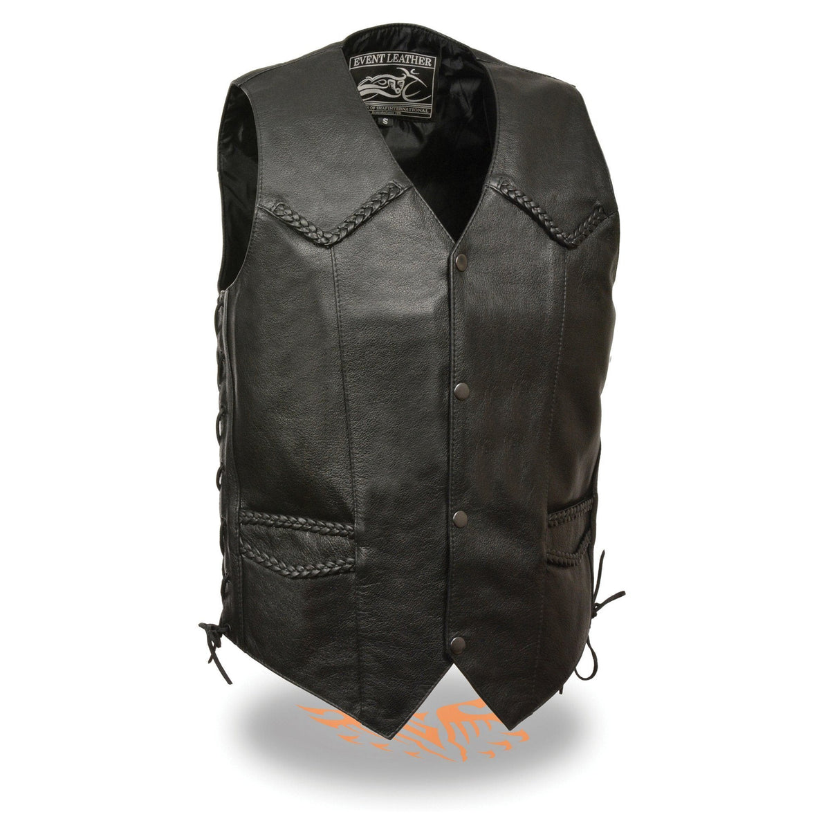 Event Leather EL1314GO Men's Leather Black Classic Side Lace Biker Vest with Braiding