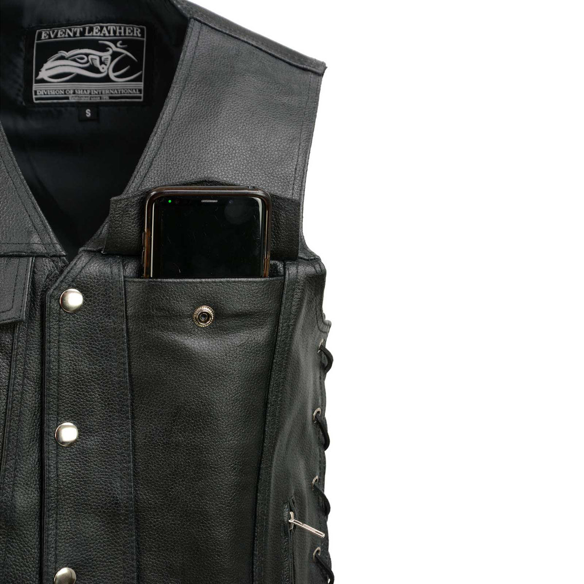Event Leather EL5360 Men's Black Leather Vest with Denim Style Pockets and Side Lace