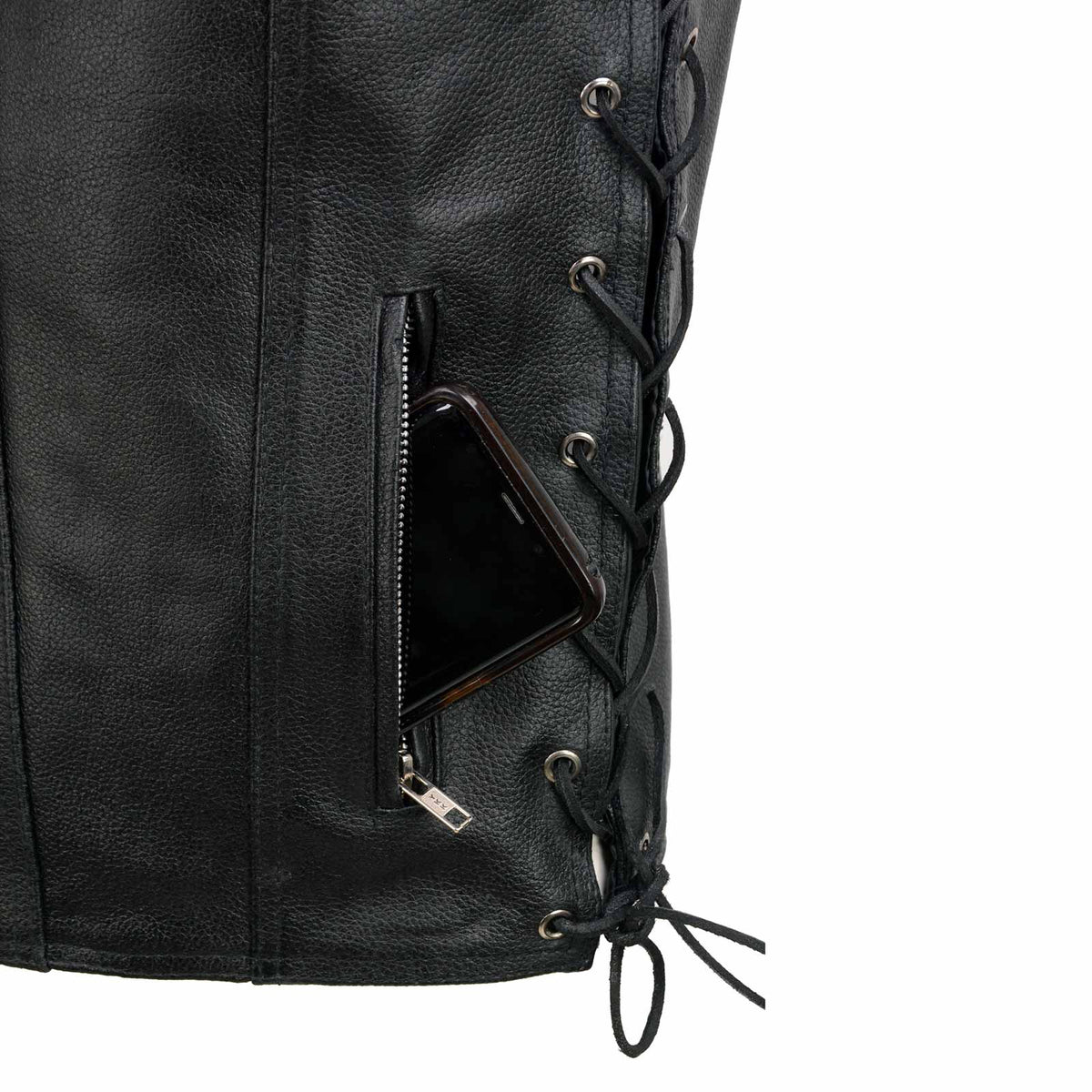 Event Leather EL5360 Men's Black Leather Vest with Denim Style Pockets and Side Lace